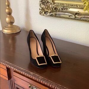 Tory Burch  Lancaster Suede Wedge with Peep Toe/Gold Accent